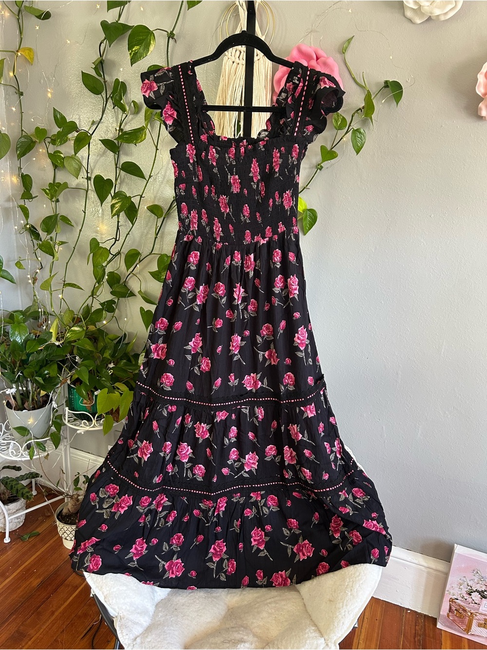 Angie Black Pink Rose Floral Smocked Maxi Dress Medium